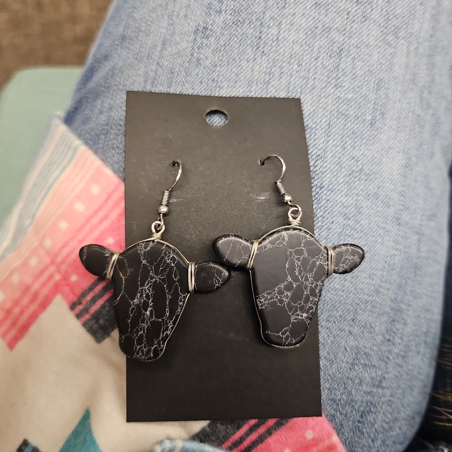 1.25″ Western Cow Head Stone Dangle Earrings
