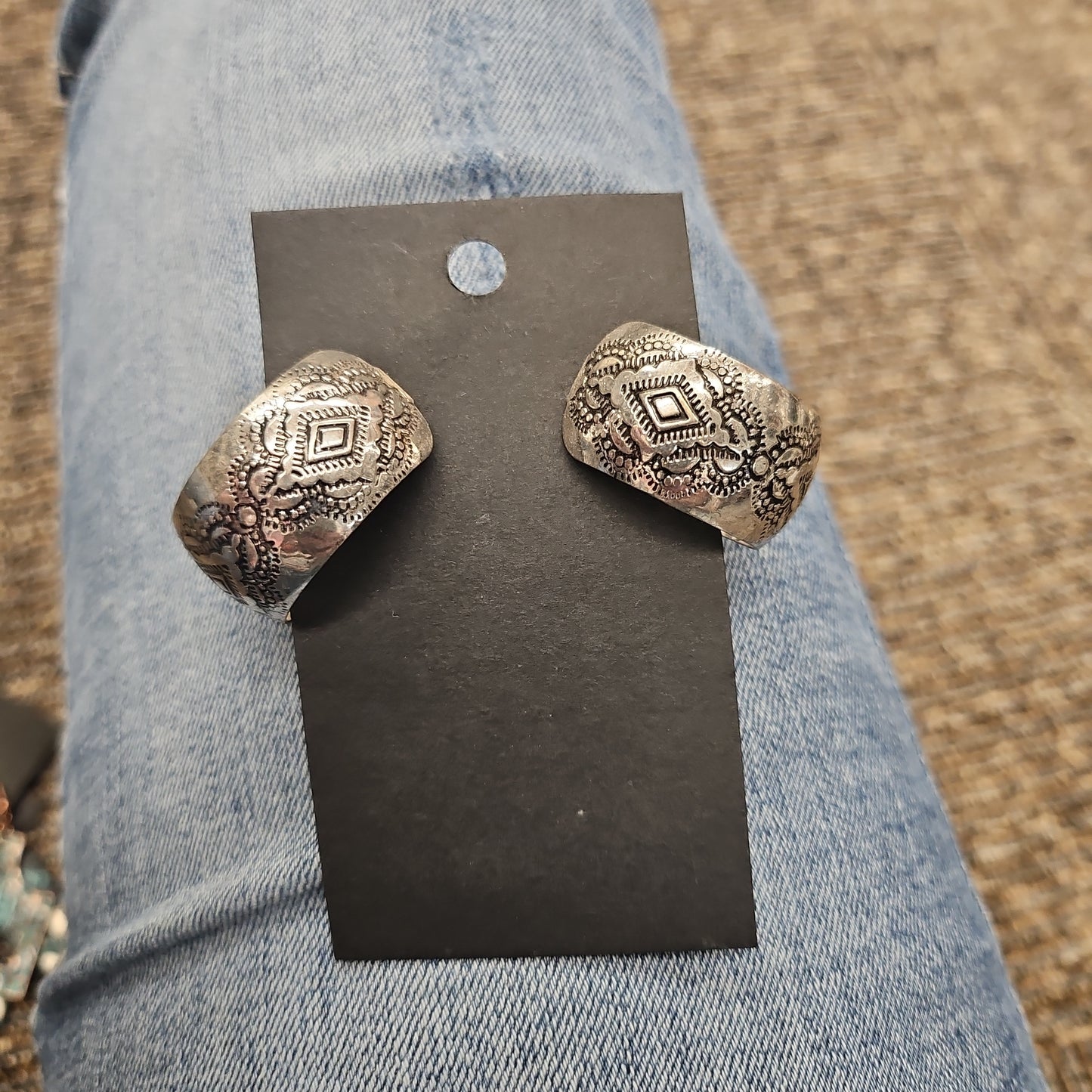 Burnished Silvertone Southwestern Diamond Open Hoop Earrings