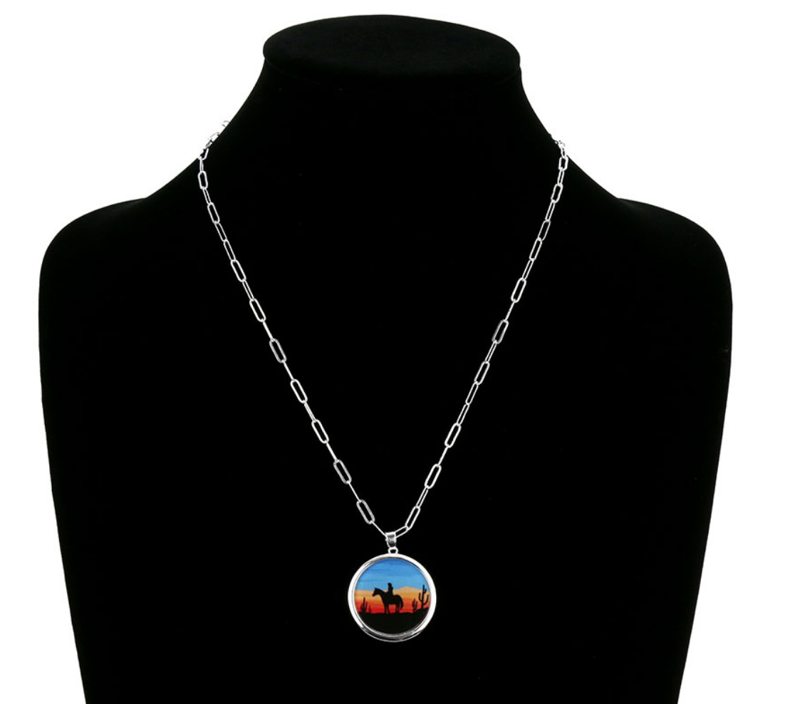 Western Cowboy Scenery Flat Bubble Necklace