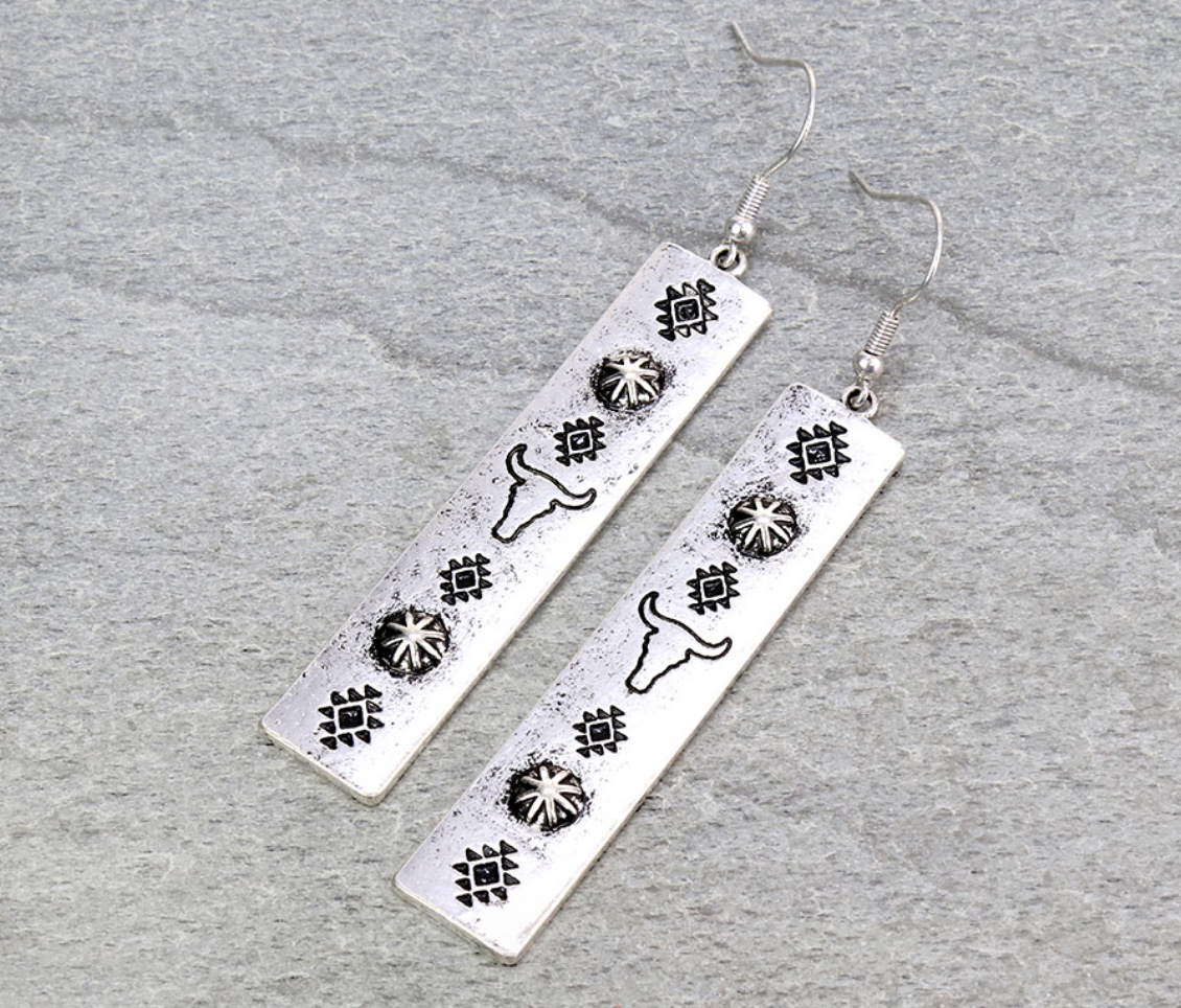 Western Steer Head Bar Dangle Earrings