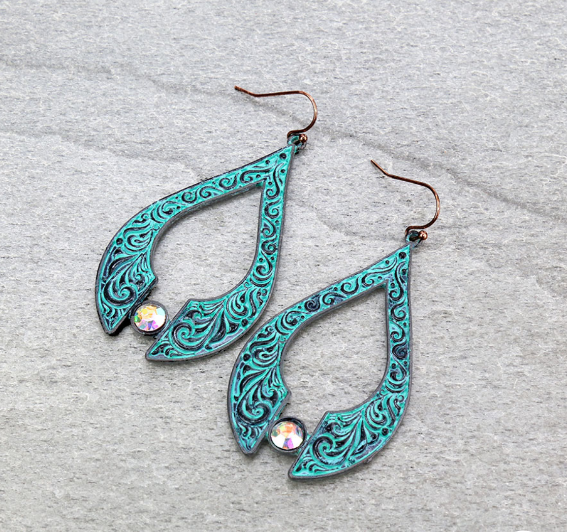 Floral Casting Teardrop with Stone Dangle Earrings
