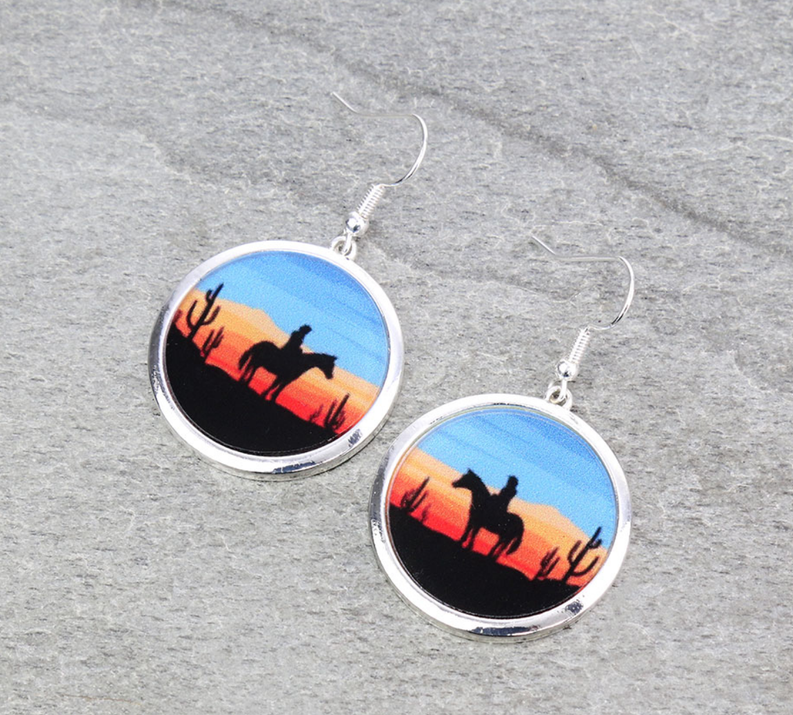 Western Cowboy Scenery Flat Bubble Dangle Earrings