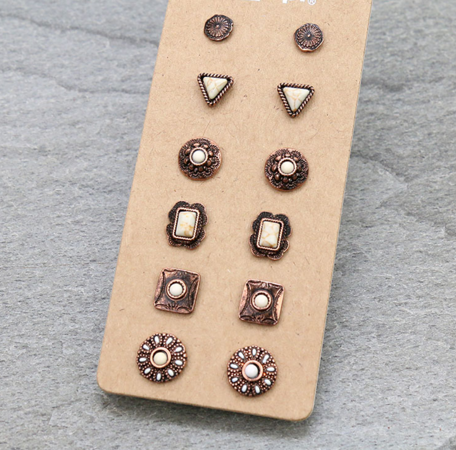 6 Pair Western Design Stud Earring Set