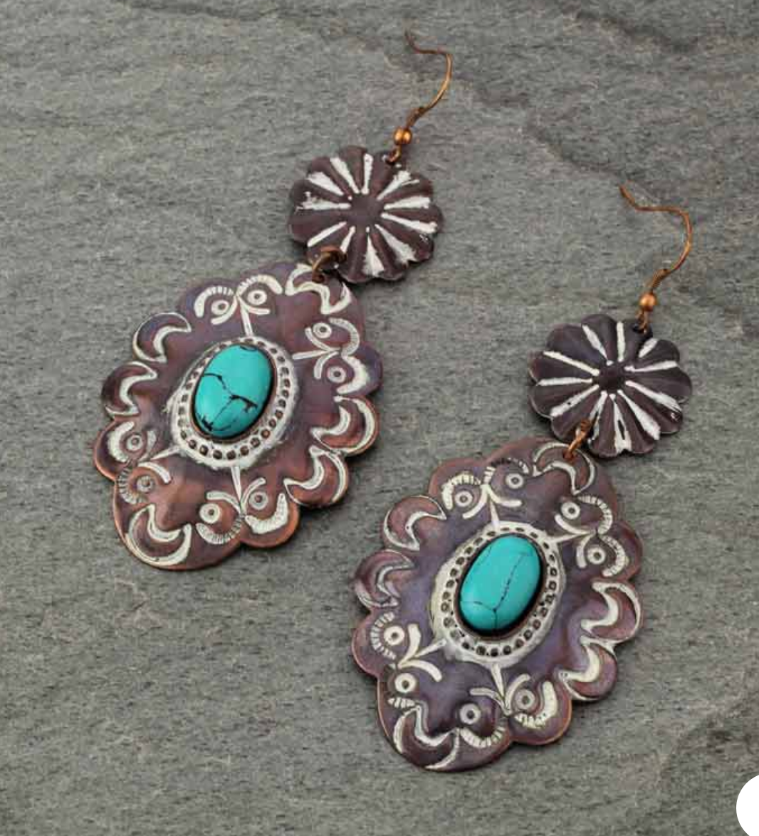 Handmade Turquoise Western Flower Fish Hook Earrings
