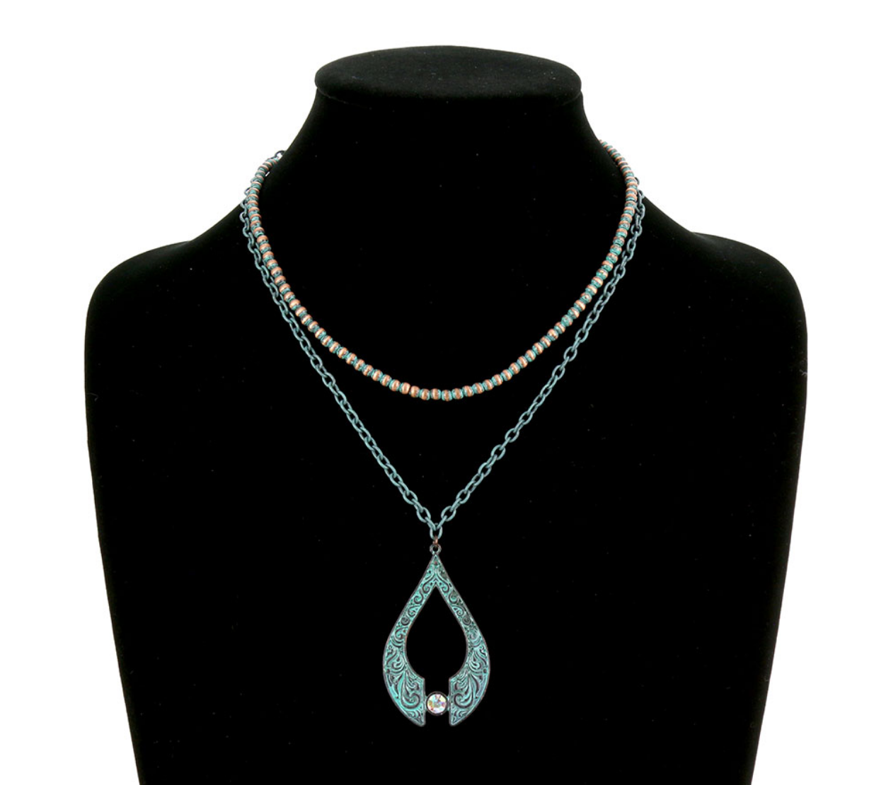 Floral Casting Teardrop with Stone 2Row Necklace