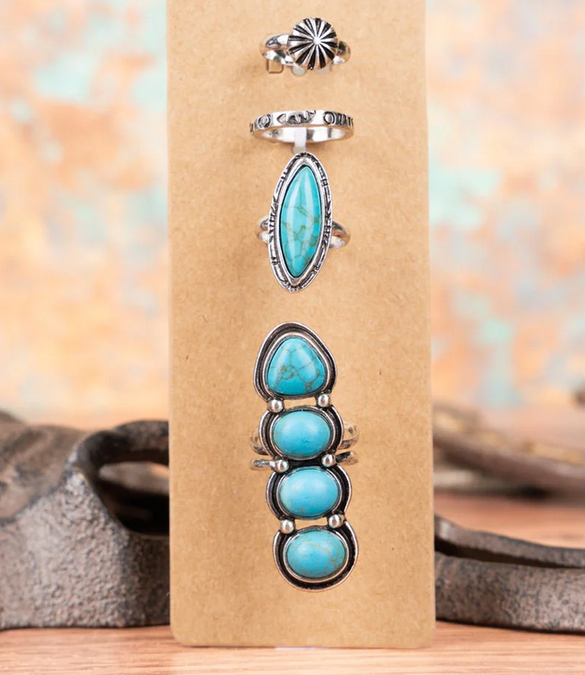 Turquoise Tallapoosa Silvertone Ring 4 Piece Set