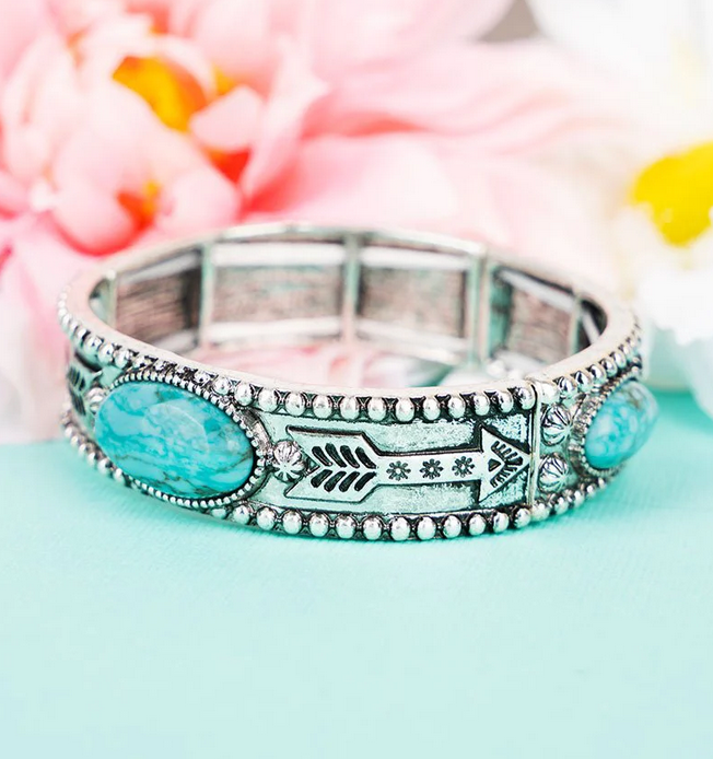 Big Arrow Turquoise Silvertone Stretch Bracelet