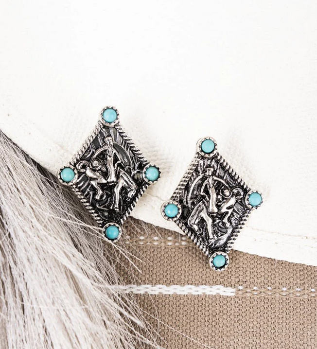 Turquoise Diamond Shape Cowboy Silvertone Earrings