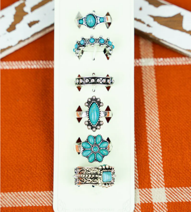 Turquoise Windy Banks Silvertone Ring 6 Piece Set