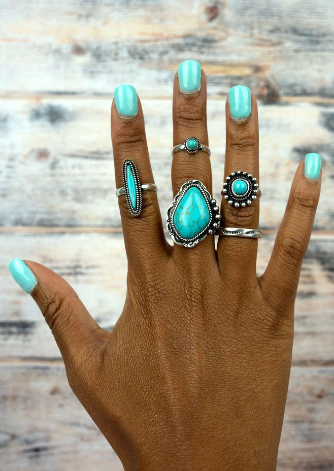Turquoise Rio Claro Silvertone Ring 5 Piece Set