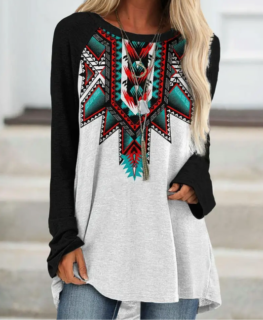 Aztec Print Black Sleeve Accents Long Sleeve Shirt