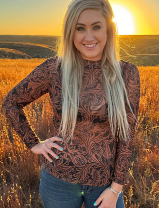 Tooled Leather Print Mesh Top