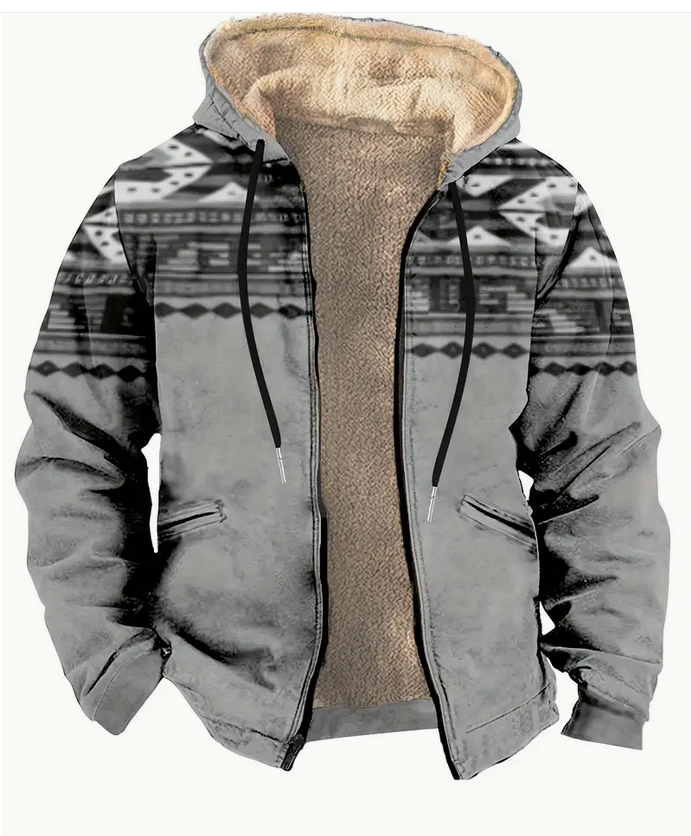 Men's Gray Aztec Print Fleece Lined Zip Up Sweater