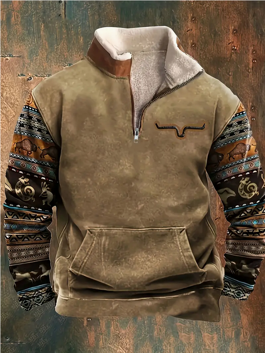 Men's Longhorn Fleece Lined Tan Half Zip Sweater