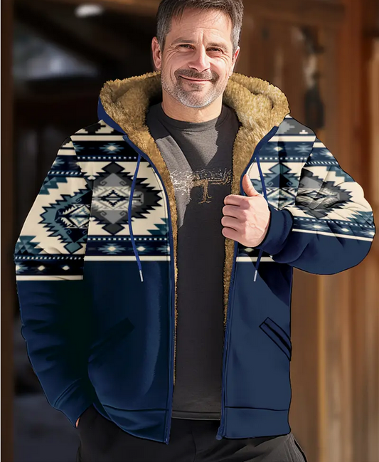 Men's Navy Aztec Print Fleece Lined Zip Up Sweater