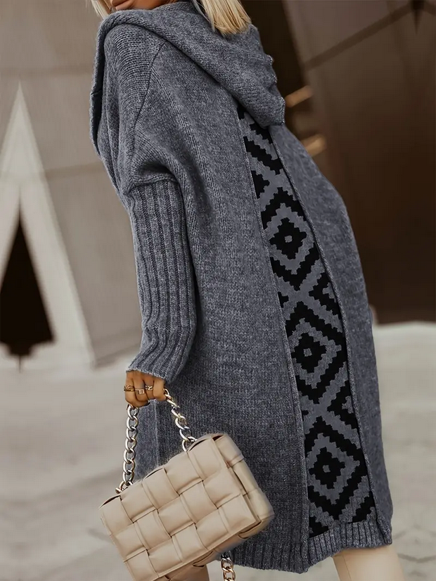 Gray Tribal Pattern Long Hooded Cardigan