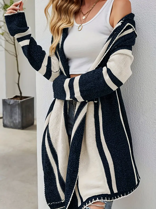 Navy Striped Hooded Cardigan Sweater