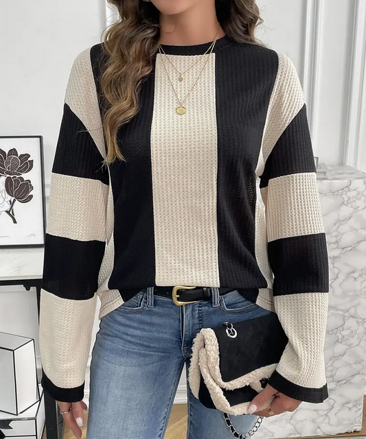 Black and Cream Stripped Long Sleeve Waffle Sweater