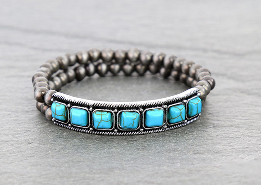 Navajo Style Pearl w/ Rectangle Stone Stretch Bracelet