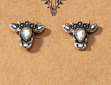 Steer Head Rhinestone Stud Earrings