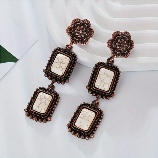 Rectangle Copper & White Dangle Earrings