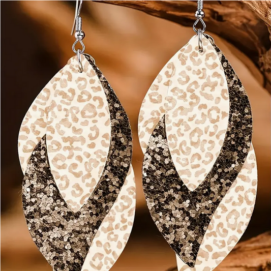 Multilayer Leaf Leopard Glitter Earrings