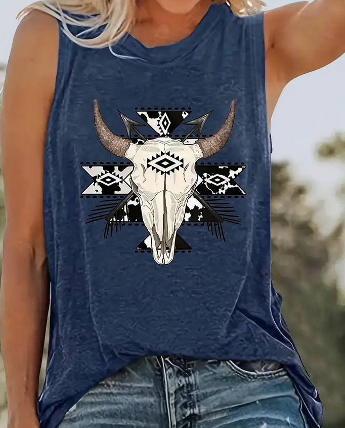 Navy Blue Cow Skull Tank Top