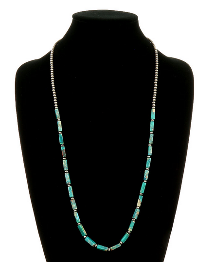 30″ Long, Navajo Style Pearl & Rectangle Gemstone Necklace