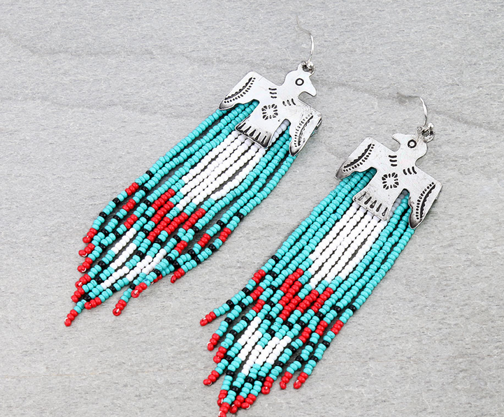 3.5″ Western Seed Bead with Metal Thunderbird Dangle Earrings