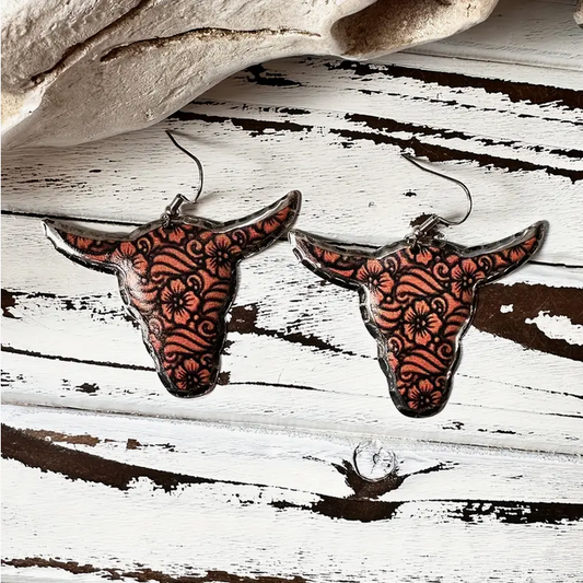 Tooled Leather Print Steer Head Earrings