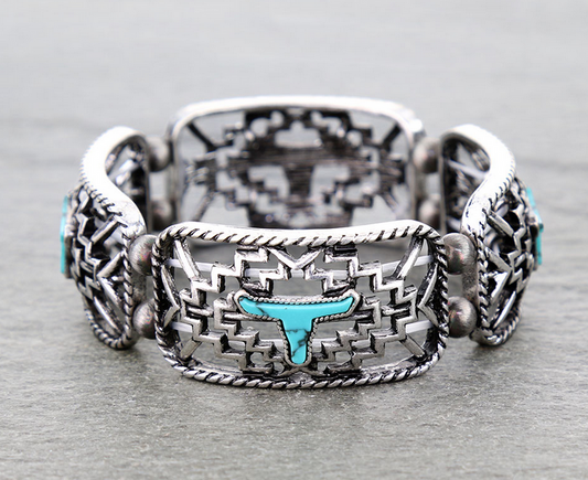 Western Aztec Steer Skull Stretch Bracelet