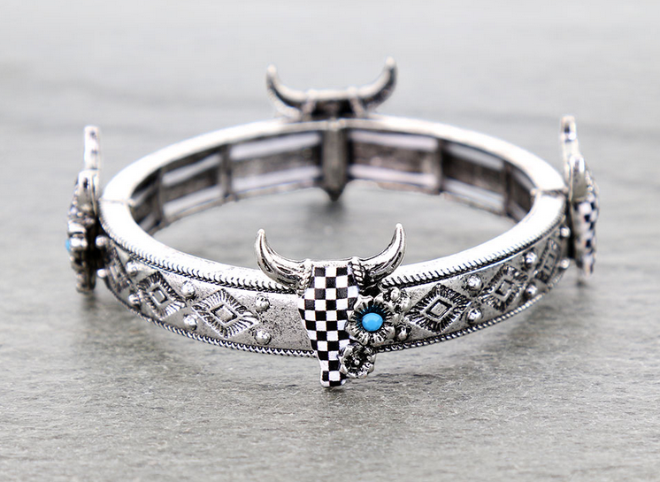 Western Checker Steer Skull Stretch Bracelet