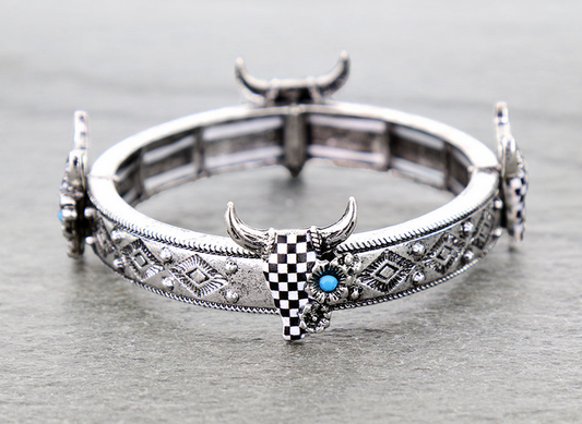 Western Checker Steer Skull Stretch Bracelet