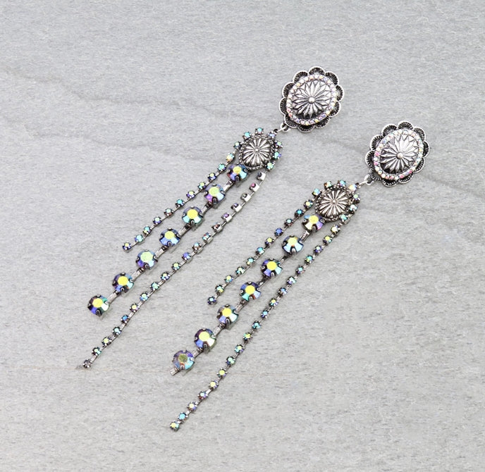 Western Round Concho with Stone Tassel Stud Earrings