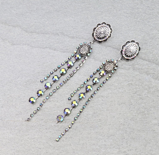 Western Round Concho with Stone Tassel Stud Earrings
