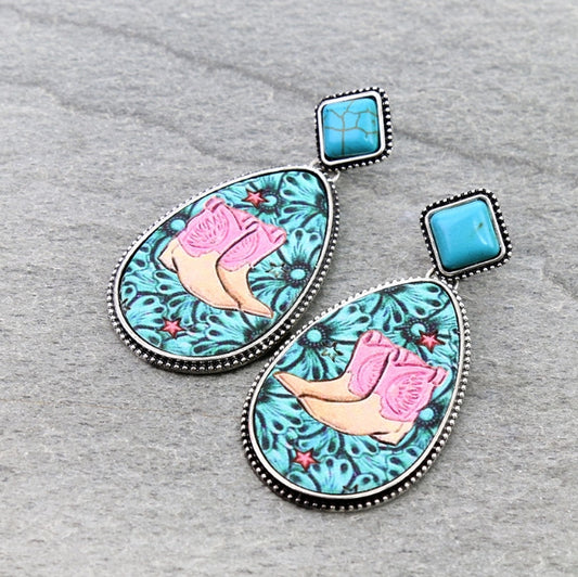 Western Cowboy Boots Embossed Leather Stud Earrings