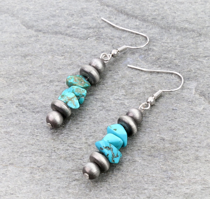 Navajo Style Pearl & Chip Stone Dangle Earrings