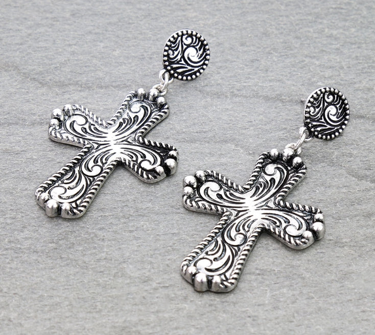 Western Cross Etched Stud Earrings