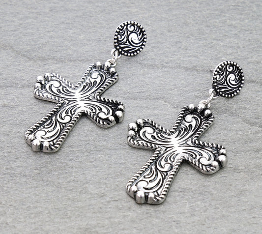 Western Cross Etched Stud Earrings