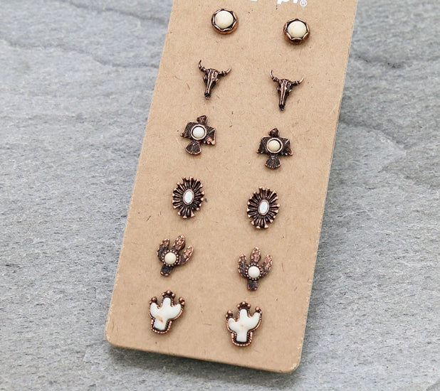 6 Pair Western Design Stud Earring Set