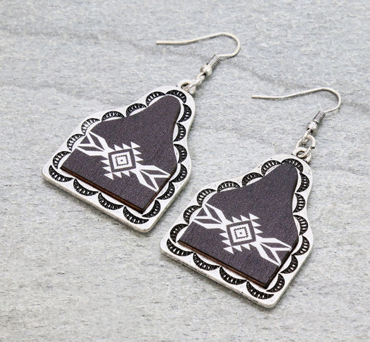 Western Aztec Pattern Wood Cattle Tag Dangle Earrings