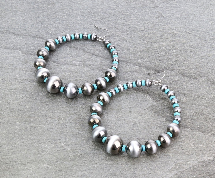 Navajo Style Pearl and Bead Hoop Dangle Earrings