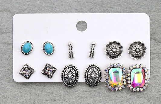 6 Pair Western Design Stud Earring Set