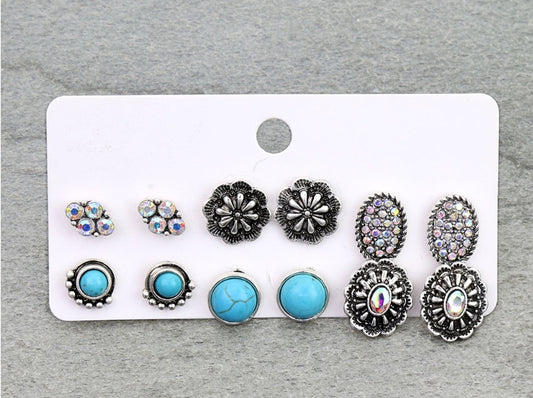 6 Pair Western Design Stud Earring Set