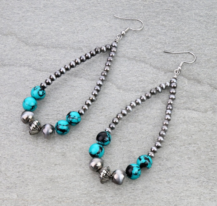 Navajo Style Pearl & Bead Teardrop Dangle Earrings