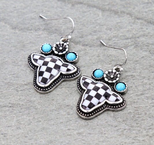 Western Checker Cow Head Dangle Earrings