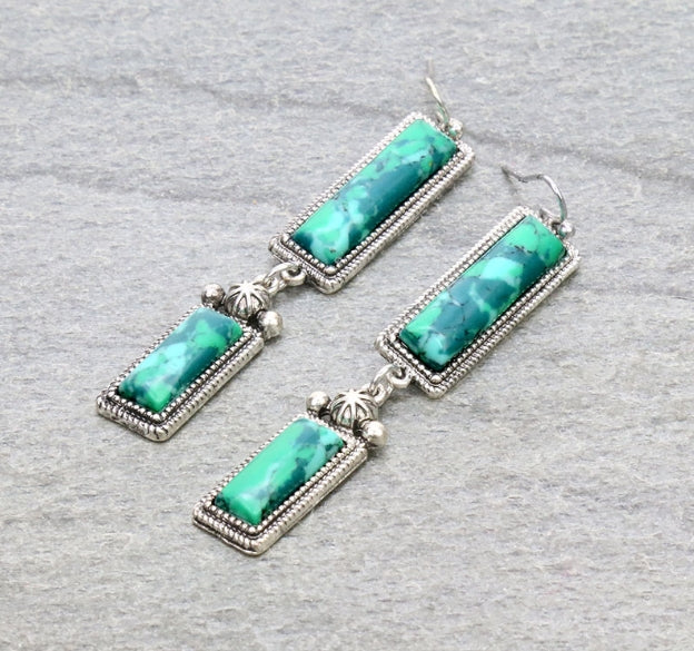 Western Hand Craft Stone Rectangle Dangle Earrings