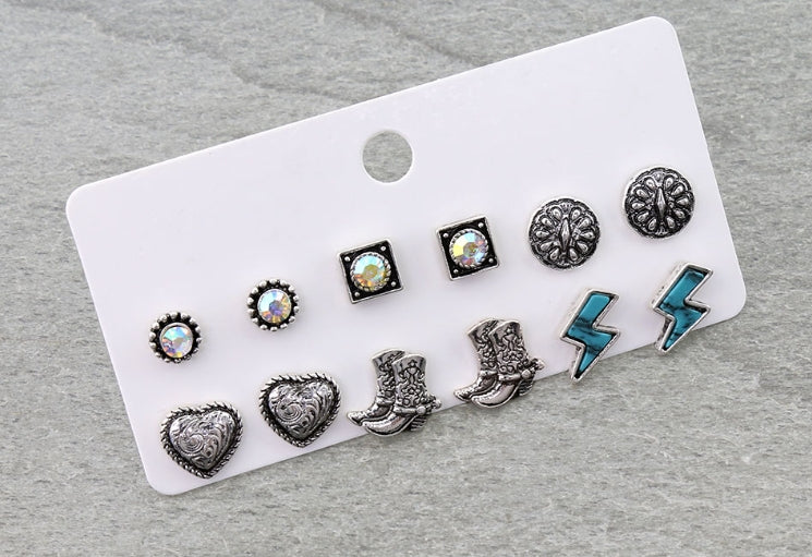 6 Pair Western Design Stud Earring Set