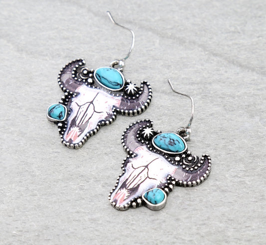Western Steer Skull Printed Stone Dangle Earrings