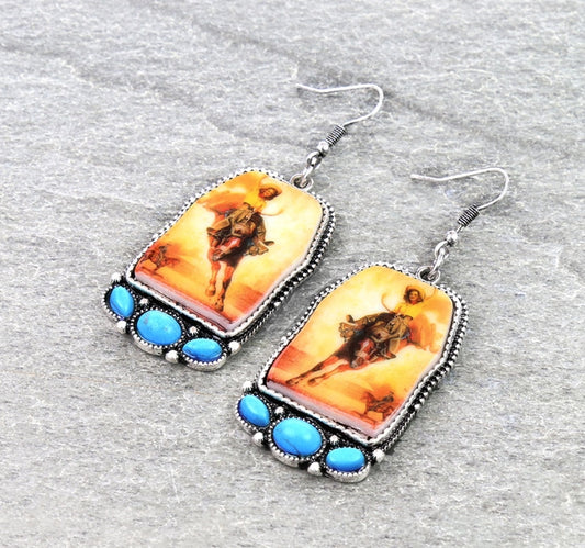 Western Cowgirl Portrait Dangle Earrings